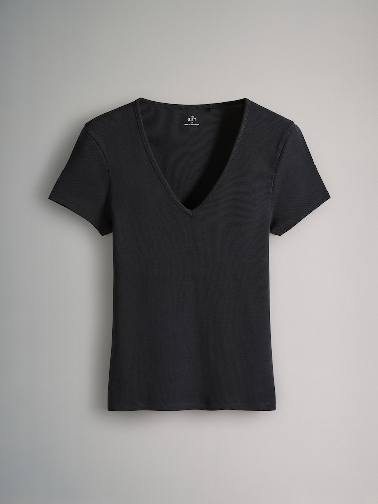 The Set lot de 5 t-shirts côtelés Col en V Manches - Image 10 of 15