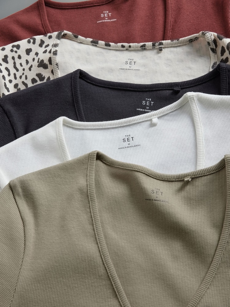 The Set lot de 5 t-shirts côtelés Col en V Manches - Image 14 of 15