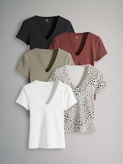 The Set lot de 5 t-shirts côtelés Col en V Manches - Image 2 of 15