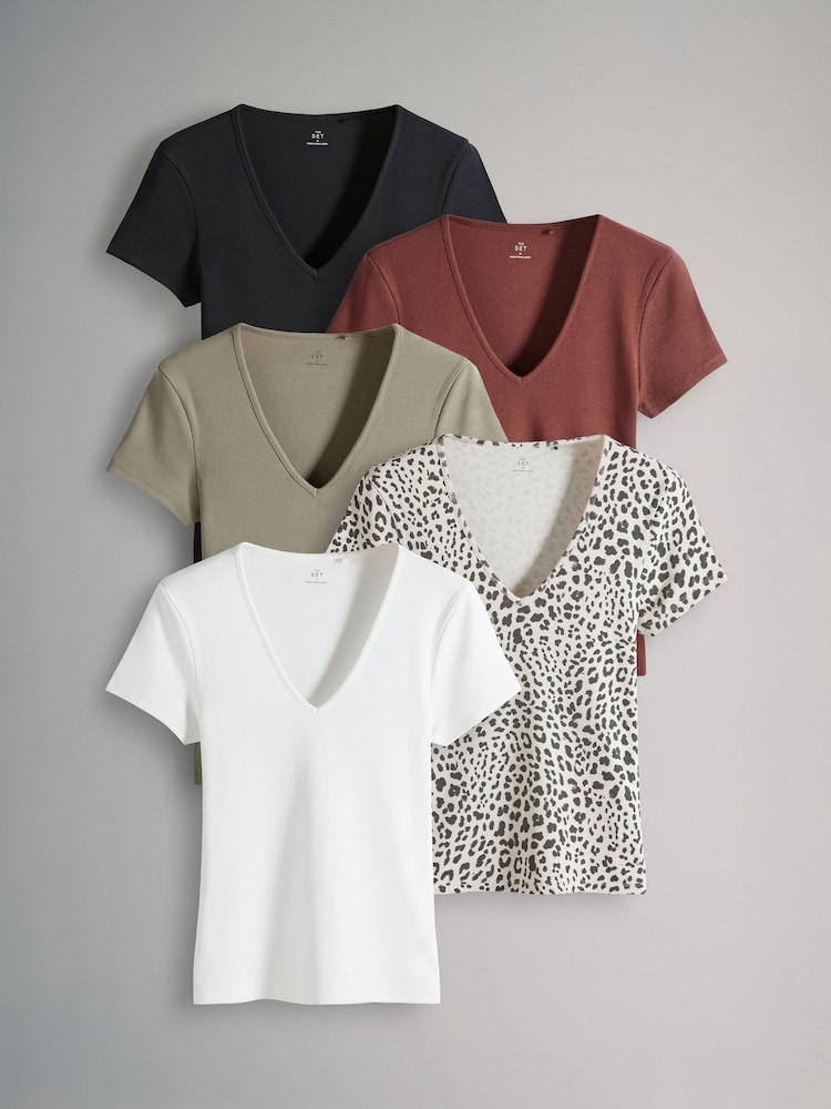 The Set lot de 5 t-shirts côtelés Col en V Manches - Image 2 of 15