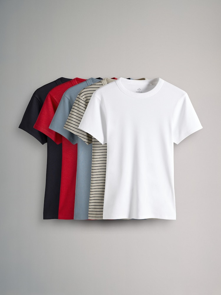 The Set Navy/Washed Blue/White/Red/Navy Stripe 5 Pack Ribbed Short Sleeved T-Shirts - Image 1 of 8