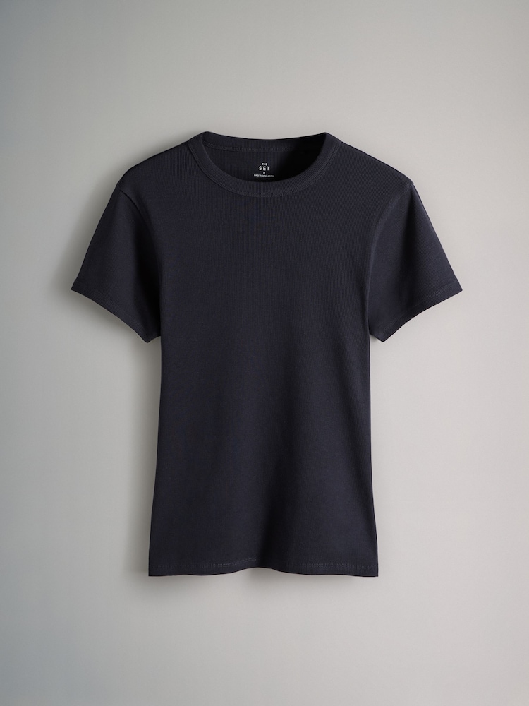 The Set Navy/Washed Blue/White/Red/Navy Stripe 5 Pack Ribbed Short Sleeved T-Shirts - Image 3 of 8