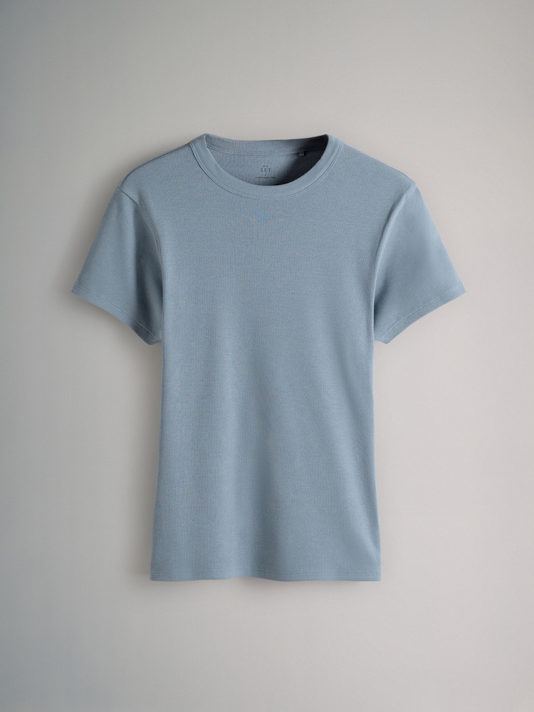 The Set Navy/Washed Blue/White/Red/Navy Stripe 5 Pack Ribbed Short Sleeved T-Shirts - Image 5 of 8