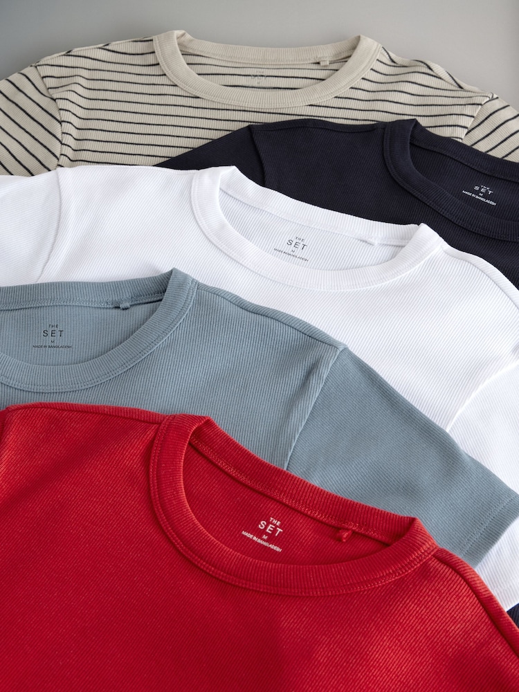 The Set Navy/Washed Blue/White/Red/Navy Stripe 5 Pack Ribbed Short Sleeved T-Shirts - Image 7 of 8