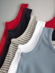 The Set Navy/Washed Blue/White/Red/Navy Stripe 5 Pack Ribbed Scoop Neck Vests - Image 7 of 8