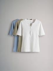 The Set Khaki Green/Cream/Washed Blue 3 Pack Ribbed Henley Short Sleeved T-Shirts - Image 1 of 6