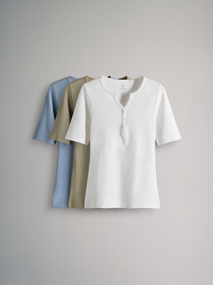 The Set Khaki Green/Cream/Washed Blue 3 Pack Ribbed Henley Short Sleeved T-Shirts - Image 1 of 6