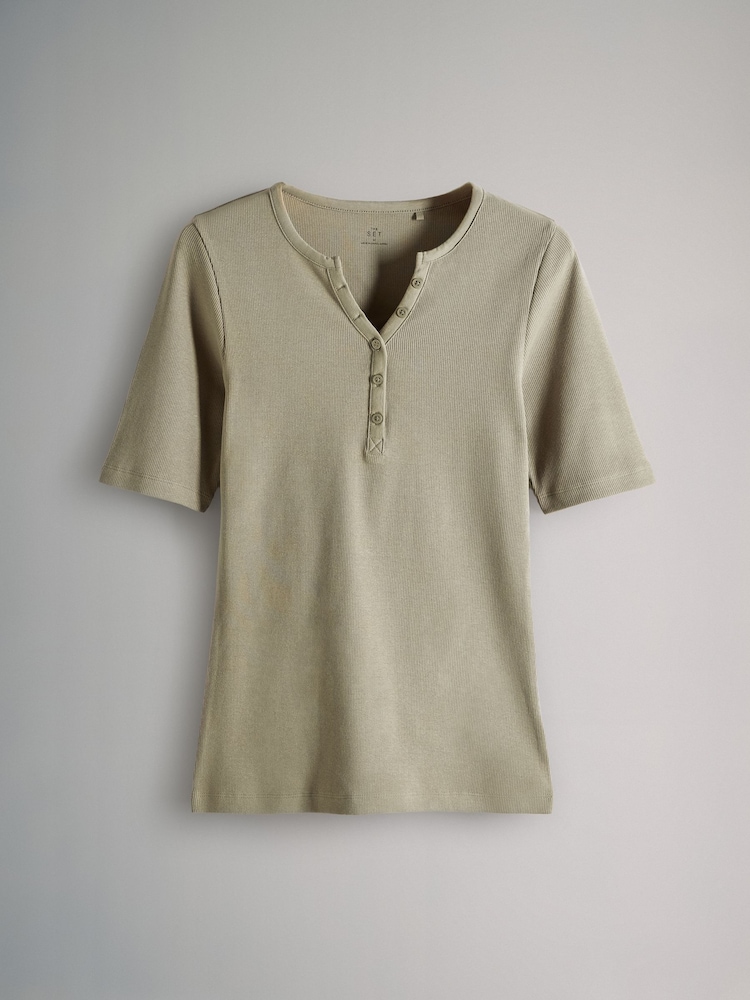The Set Khaki Green/Cream/Washed Blue 3 Pack Ribbed Henley Short Sleeved T-Shirts - Image 2 of 6