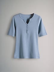 The Set Khaki Green/Cream/Washed Blue 3 Pack Ribbed Henley Short Sleeved T-Shirts - Image 3 of 6