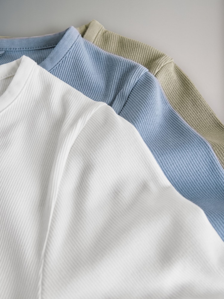 The Set Khaki Green/Cream/Washed Blue 3 Pack Ribbed Henley Short Sleeved T-Shirts - Image 6 of 6