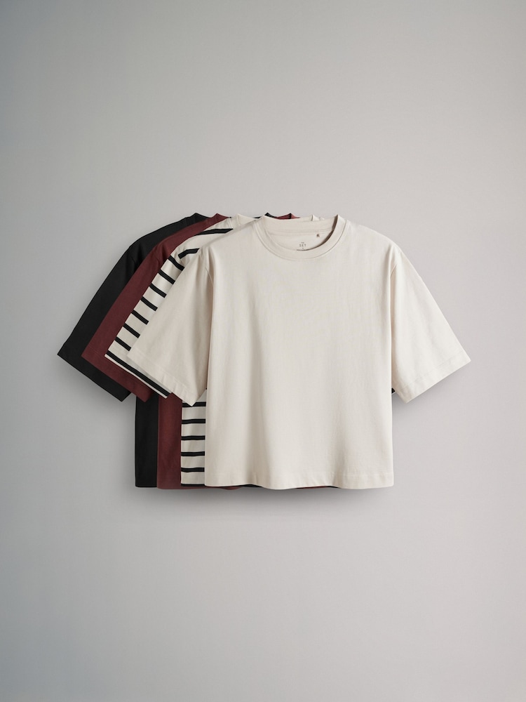The Set Black/White Stripe/Black/Red/Stone 4 Pack Heavyweight Short Sleeve 100% Cotton T-Shirts - Image 1 of 7