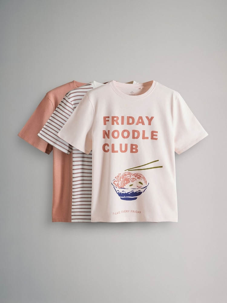 The Set Cream/Rust/Rust Pink Stripe 3 Pack Relaxed Short Sleeved Graphic 100% Cotton T-Shirts - Image 1 of 6