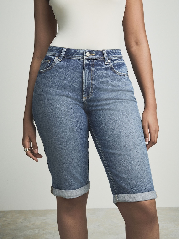 Mid Blue Hourglass Knee Length Bermuda Denim Shorts - Image 4 of 9