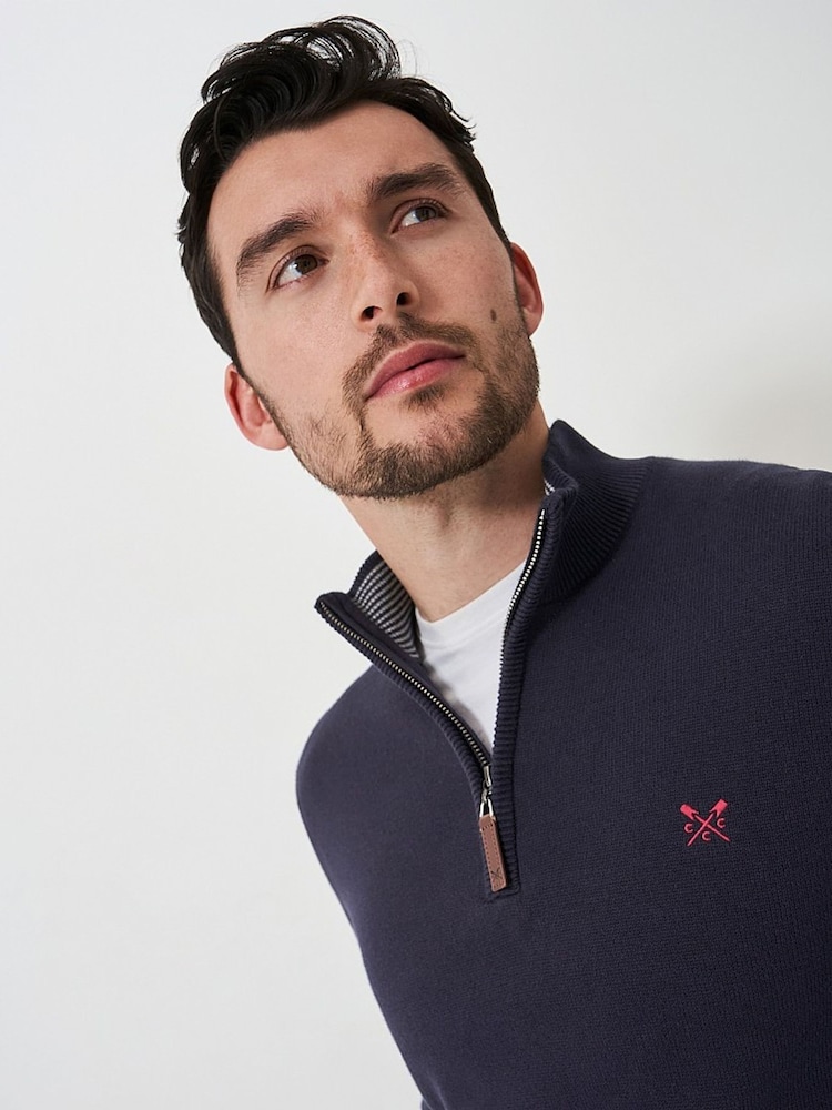 Crew Clothing Blue 100% Cotton Classic Half Zip Knit Sweater - Image 4 of 5