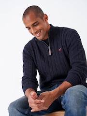 Crew Clothing Company Blue Oarsman Organic Cable Quarter Zip 100% Cotton Jumper - Image 4 of 5