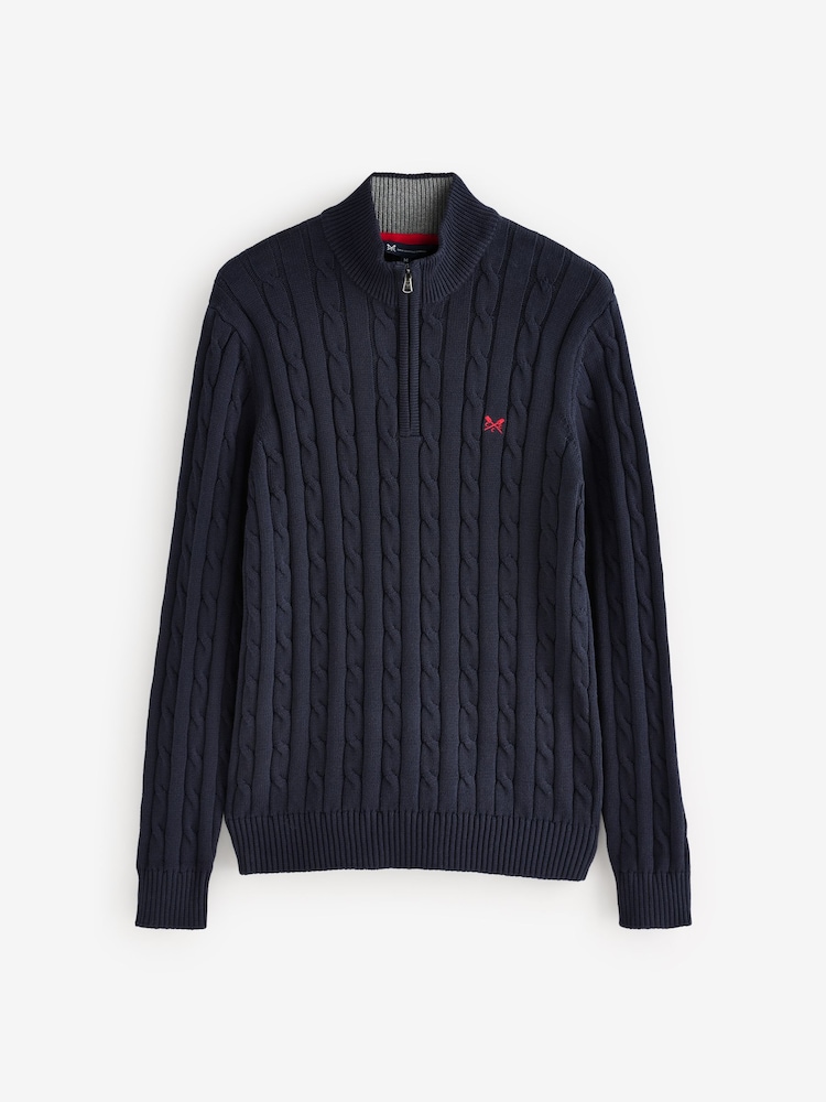 Crew Clothing Company Blue Oarsman Organic Cable Quarter Zip 100% Cotton Jumper - Image 5 of 5