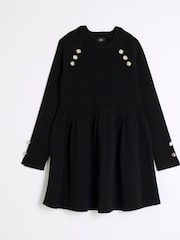 River Island Black Girls Long Sleeve Military Pleated 100% Cotton Dress - Image 1 of 4