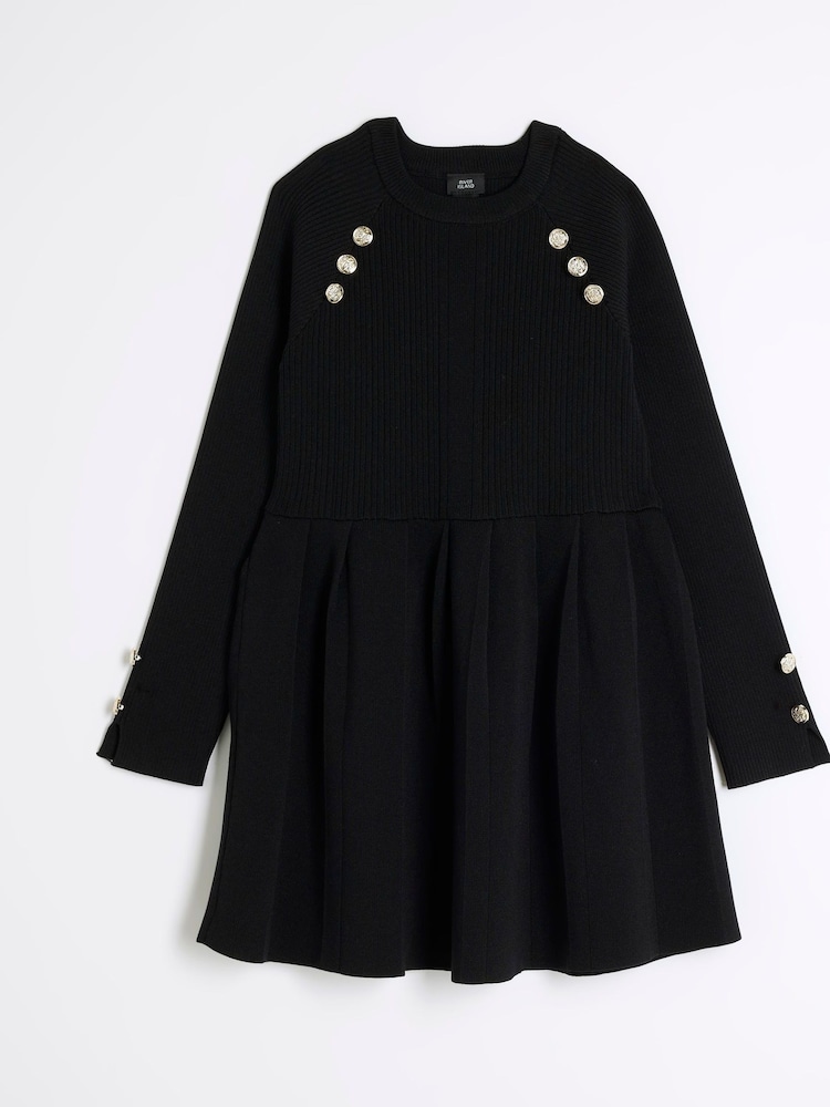 River Island Black Girls Long Sleeve Military Pleated 100% Cotton Dress - Image 1 of 4