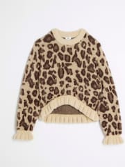 كنزة للبنات من القطن 100% مزيّنة بكشكشة وطبعة فهد من River Island - صورة 1 من 4