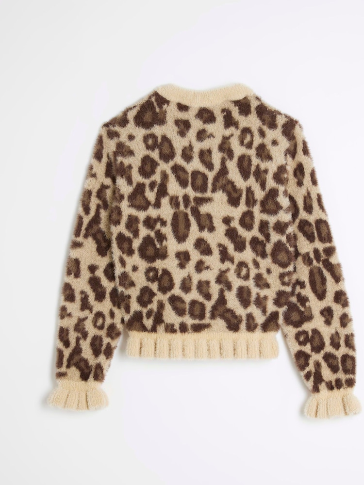 كنزة للبنات من القطن 100% مزيّنة بكشكشة وطبعة فهد من River Island - صورة 2 من 4