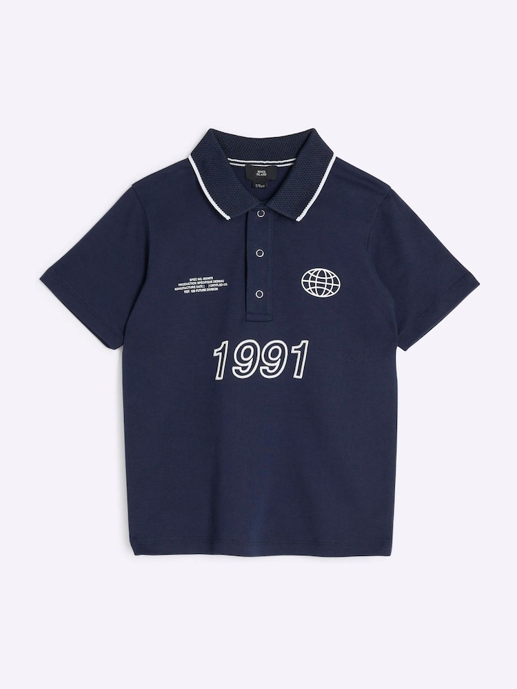 River Island Blue Boys Graphic Polo T-Shirt - Image 1 of 4