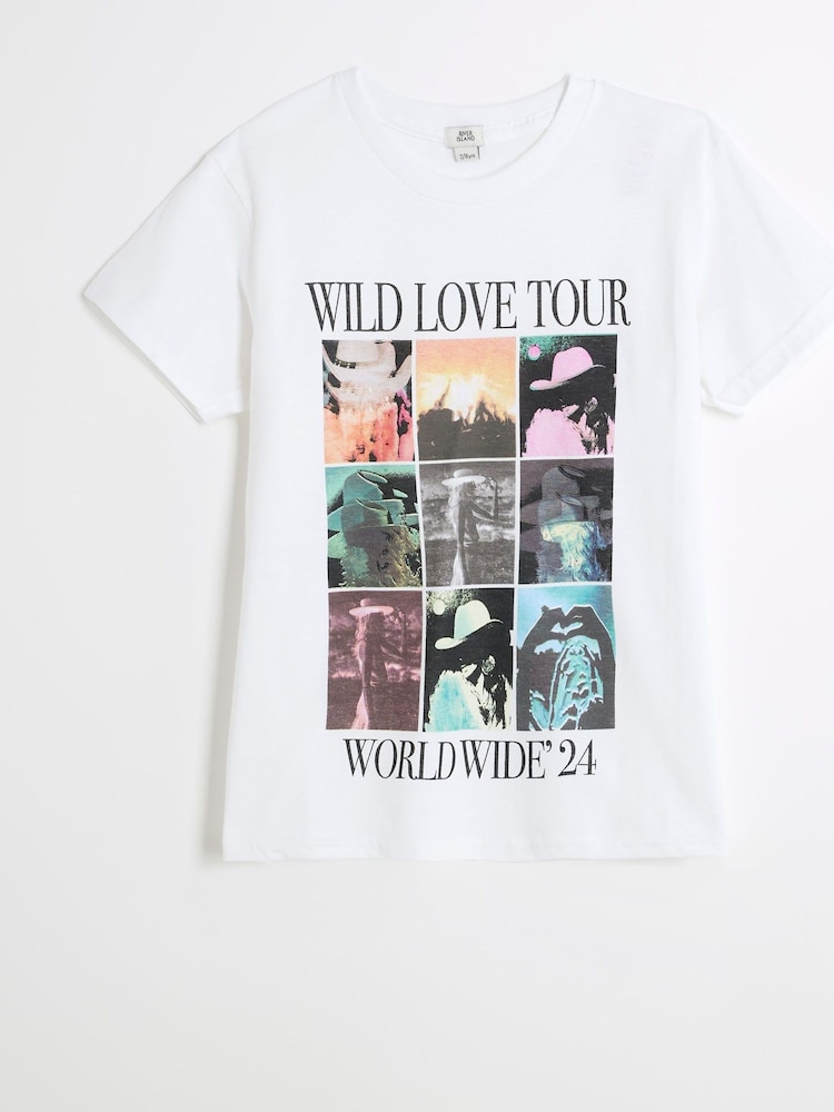 River Island White Girls Love Tour 100% Cotton T-Shirt - Image 1 of 3