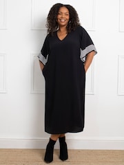 Live Unlimited Black Curve Mono Stripe Print Ruffle Midi Dress - Image 1 of 4