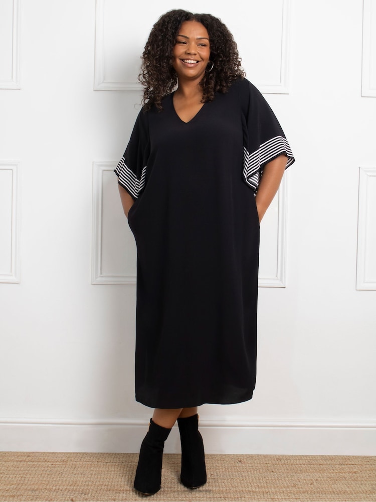 Live Unlimited Black Curve Mono Stripe Print Ruffle Midi Dress - Image 1 of 4