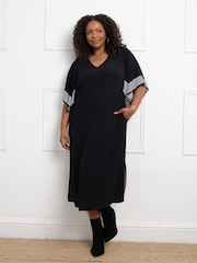 Live Unlimited Black Curve Mono Stripe Print Ruffle Midi Dress - Image 2 of 4