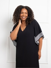 Live Unlimited Black Curve Mono Stripe Print Ruffle Midi Dress - Image 3 of 4
