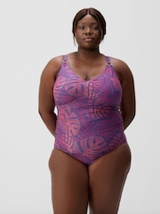 Speedo Blue Plus Size Shaping Printed V-Neck Swimsuit - Image 1 of 8