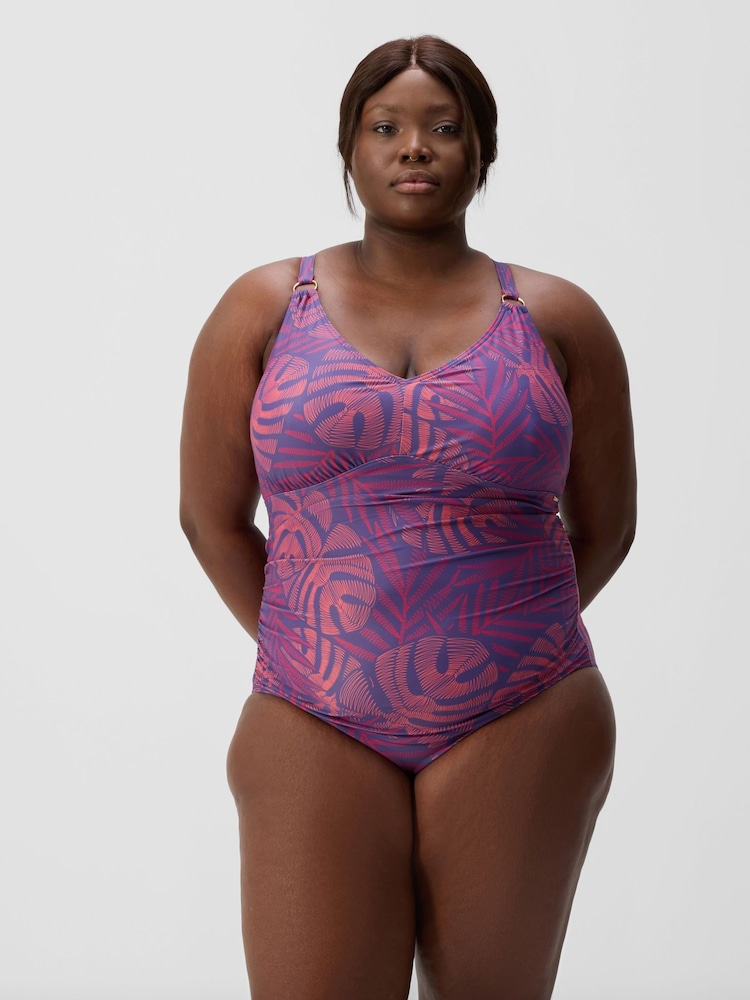 Speedo Blue Plus Size Shaping Printed V-Neck Swimsuit - Image 1 of 8