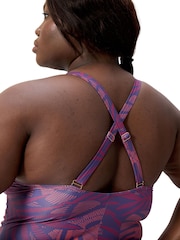 Speedo Blue Plus Size Shaping Printed V-Neck Swimsuit - Image 3 of 8