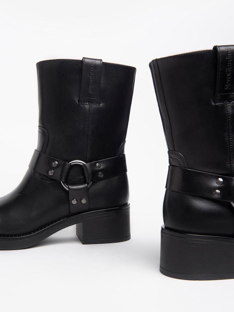 NeroGiardini Black Leather Square Toe Western Ankle Boots - Image 3 of 4