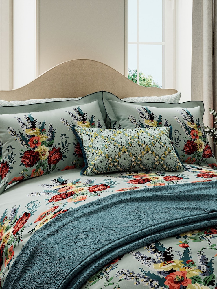 V&A Teal and Claret Botanical Harmony 100% Cotton Duvet Cover and Pillowcase Set - Image 2 of 5