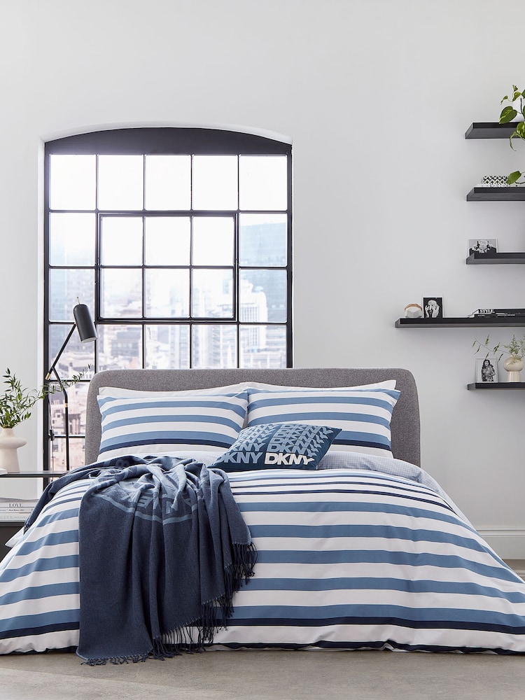 DKNY Blue Urban Stripe Duvet Cover and Pillowcase 100% Cotton Set - Image 1 of 3