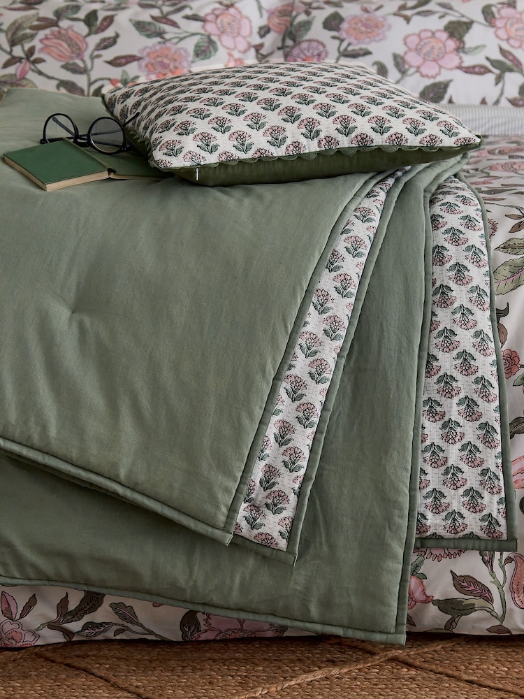Joules Khaki Green Indienne Blockprint Throw - Image 1 of 4