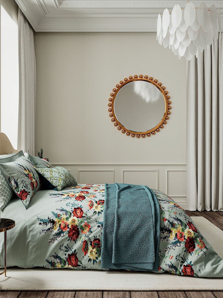 V&A Teal Claret Botanical Harmony 100% Cotton Throw - Image 2 of 2