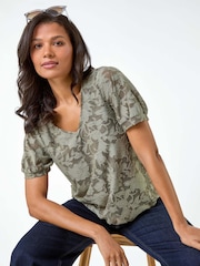 Roman Green Textured Floral Print Blouson Hem Stretch Top - Image 1 of 5