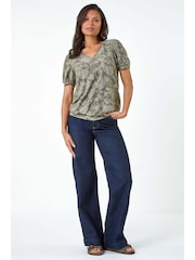Roman Green Textured Floral Print Blouson Hem Stretch Top - Image 2 of 5