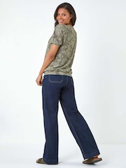 Roman Green Textured Floral Print Blouson Hem Stretch Top - Image 3 of 5