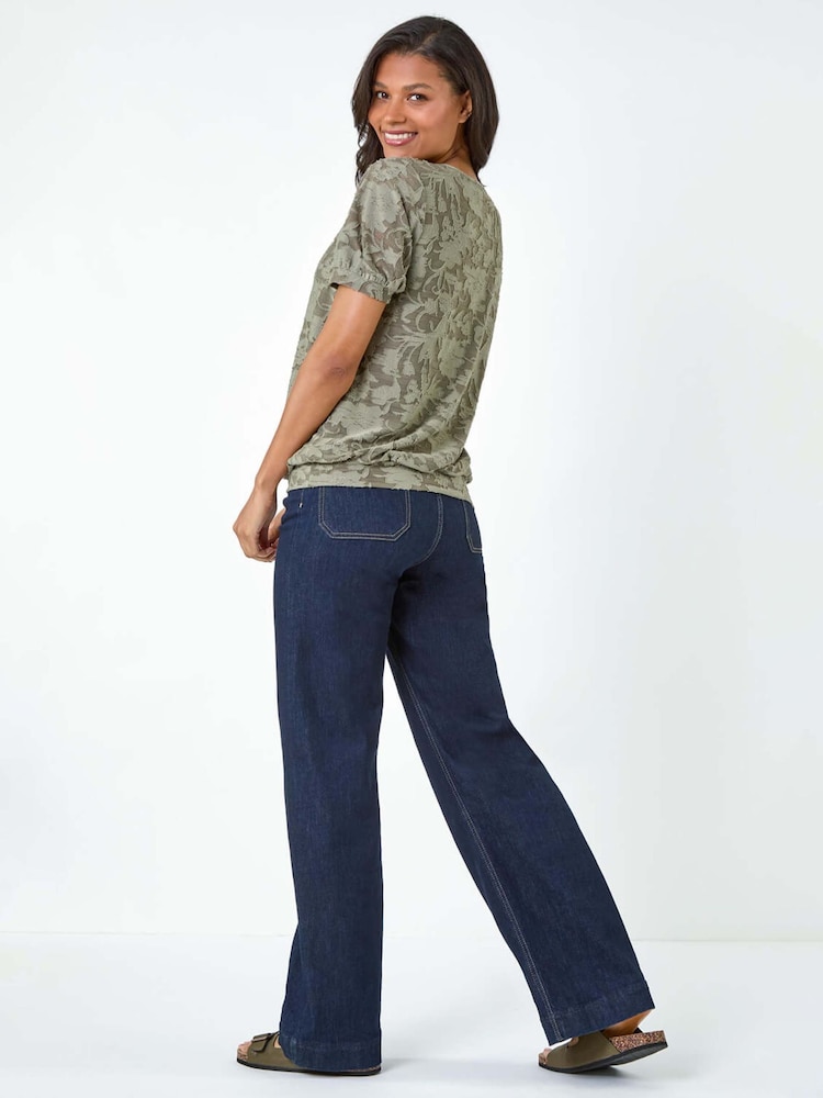 Roman Green Textured Floral Print Blouson Hem Stretch Top - Image 2 of 4 Roman Green Textured Floral Print Blouson Hem Stretch Top - Image 2 of 4