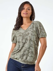 Roman Green Textured Floral Print Blouson Hem Stretch Top - Image 4 of 5