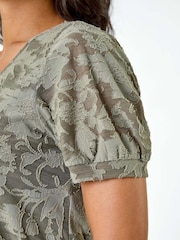 Roman Green Textured Floral Print Blouson Hem Stretch Top - Image 5 of 5
