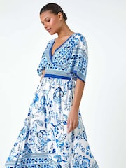 Roman Blue Floral Border Print Pocket Midi Dress - Image 1 of 5