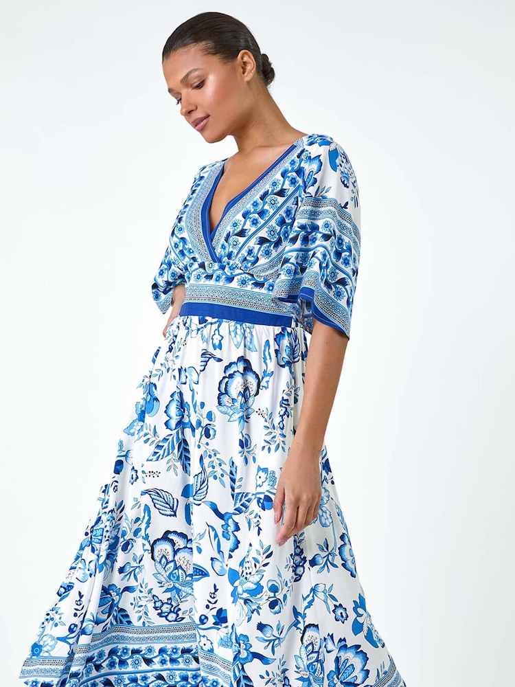 Roman Blue Floral Border Print Pocket Midi Dress - Image 1 of 5