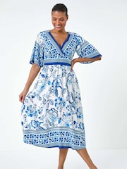 Roman Blue Floral Border Print Pocket Midi Dress - Image 2 of 5