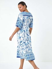 Roman Blue Floral Border Print Pocket Midi Dress - Image 3 of 5