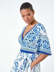 Roman Blue Floral Border Print Pocket Midi Dress - Image 4 of 5
