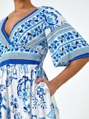 Roman Blue Floral Border Print Pocket Midi Dress - Image 5 of 5